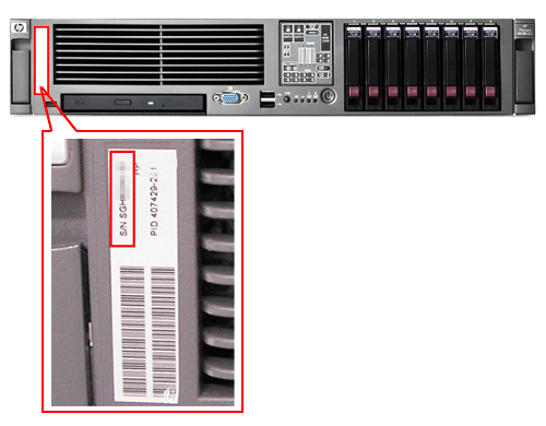 HP ProLiant DL シリーズ - サーバー本体のシリアル番号と製品番号