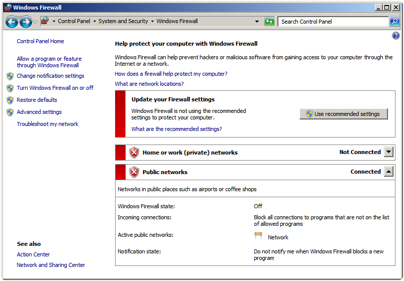 Turning off the Windows firewall