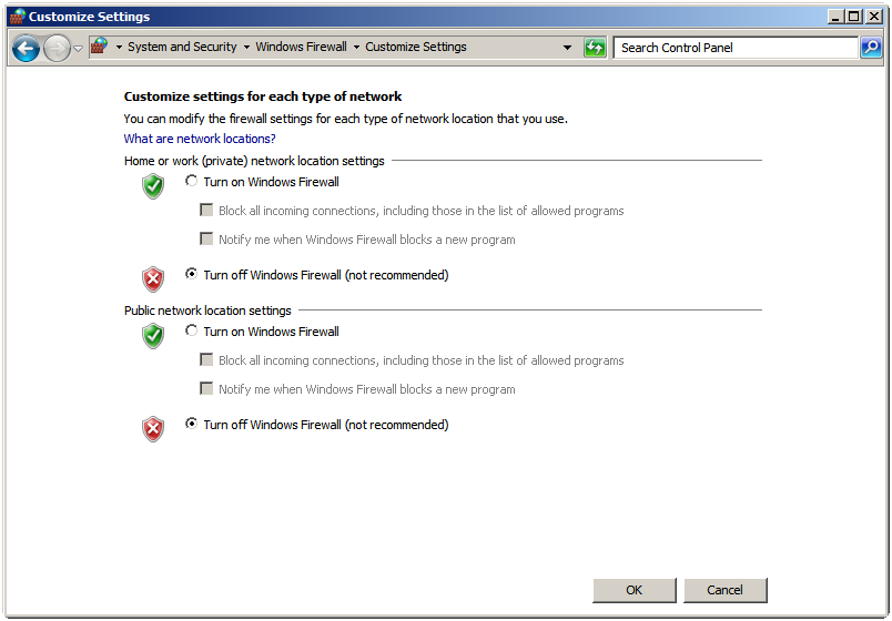 Turning off the Windows firewall