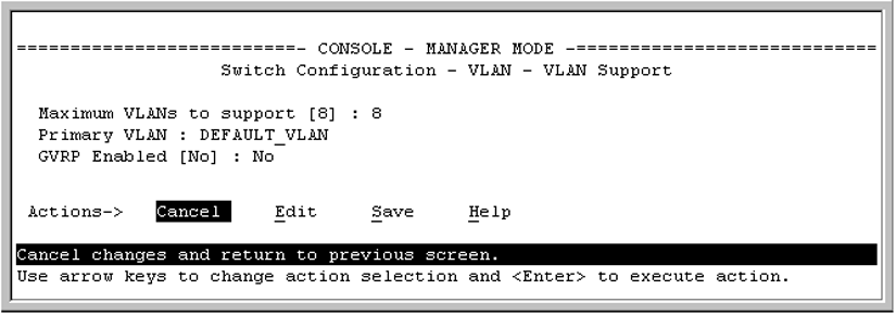 The default VLAN Support screen