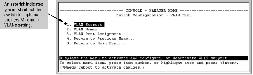 VLAN menu screen indicating the need to reboot the switch