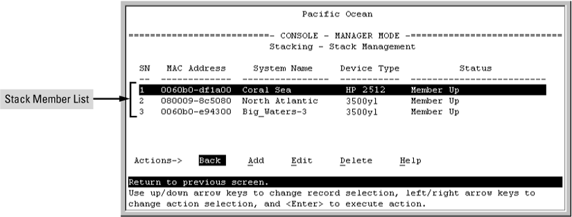 The stack management screen with stack members listed