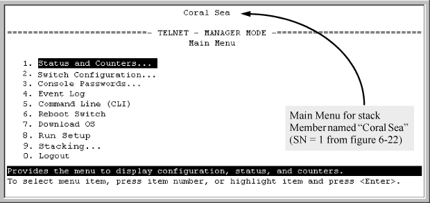 The eXecute command Viewing the console Main Menu for the selected stack Member