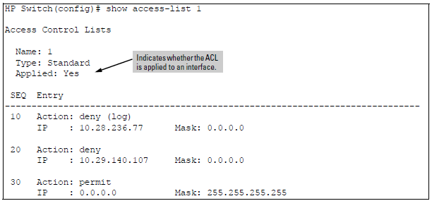 Example of a listing a standard ACL