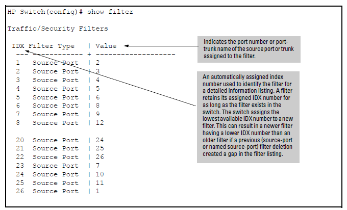 Example of the show filter command