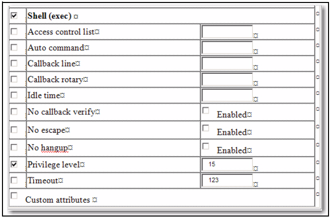 The shell section of the TACACS+ server user setup