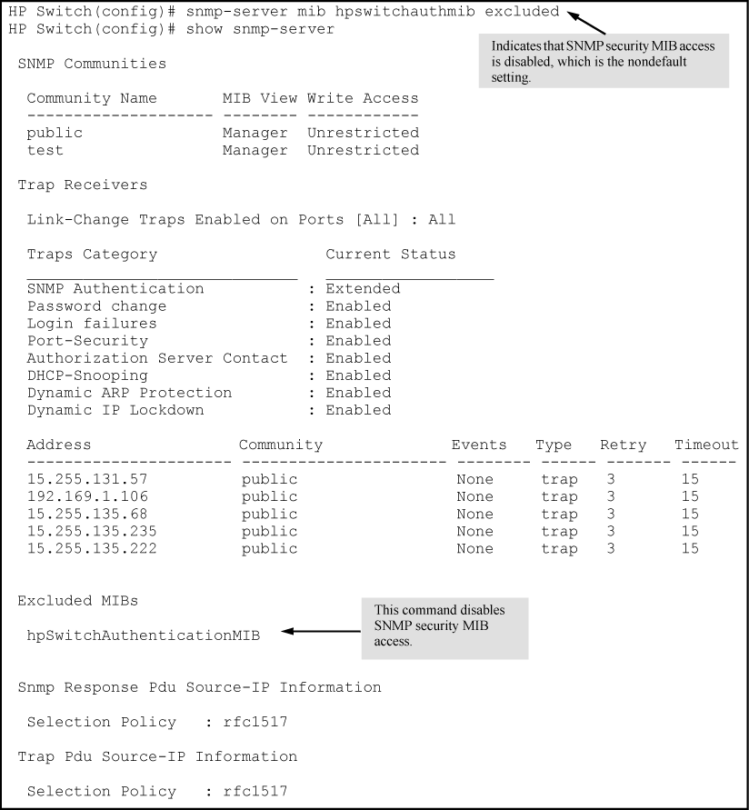 Disabling SNMP access to the authentication MIB and displaying the result