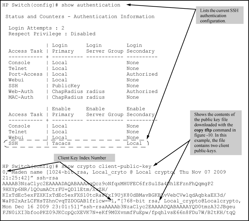 SSH configuration and client public-key listing from figure