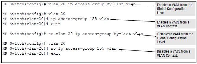 Methods for enabling and disabling VACLs