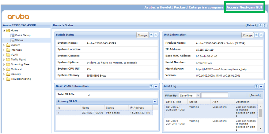 HPE ArubaOS switch UI