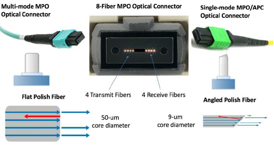 MPO optical connectors, flat and angle polished fibers