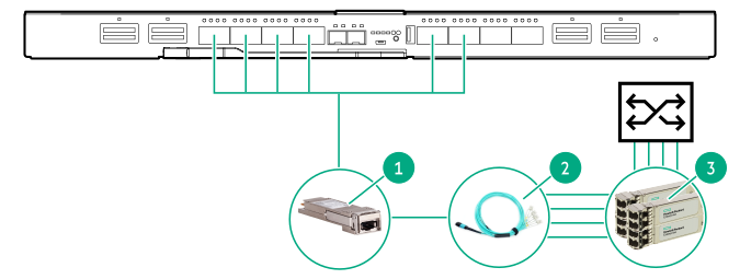 HPE 100 Gb master module connecting to an external switch with QSFP28 ports (100 Gb to 4x 25 Gb)